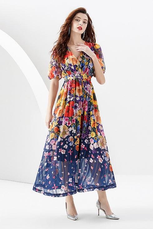 Vintage Floral Chiffon Bohemian V-Neck Long Maxi Dress